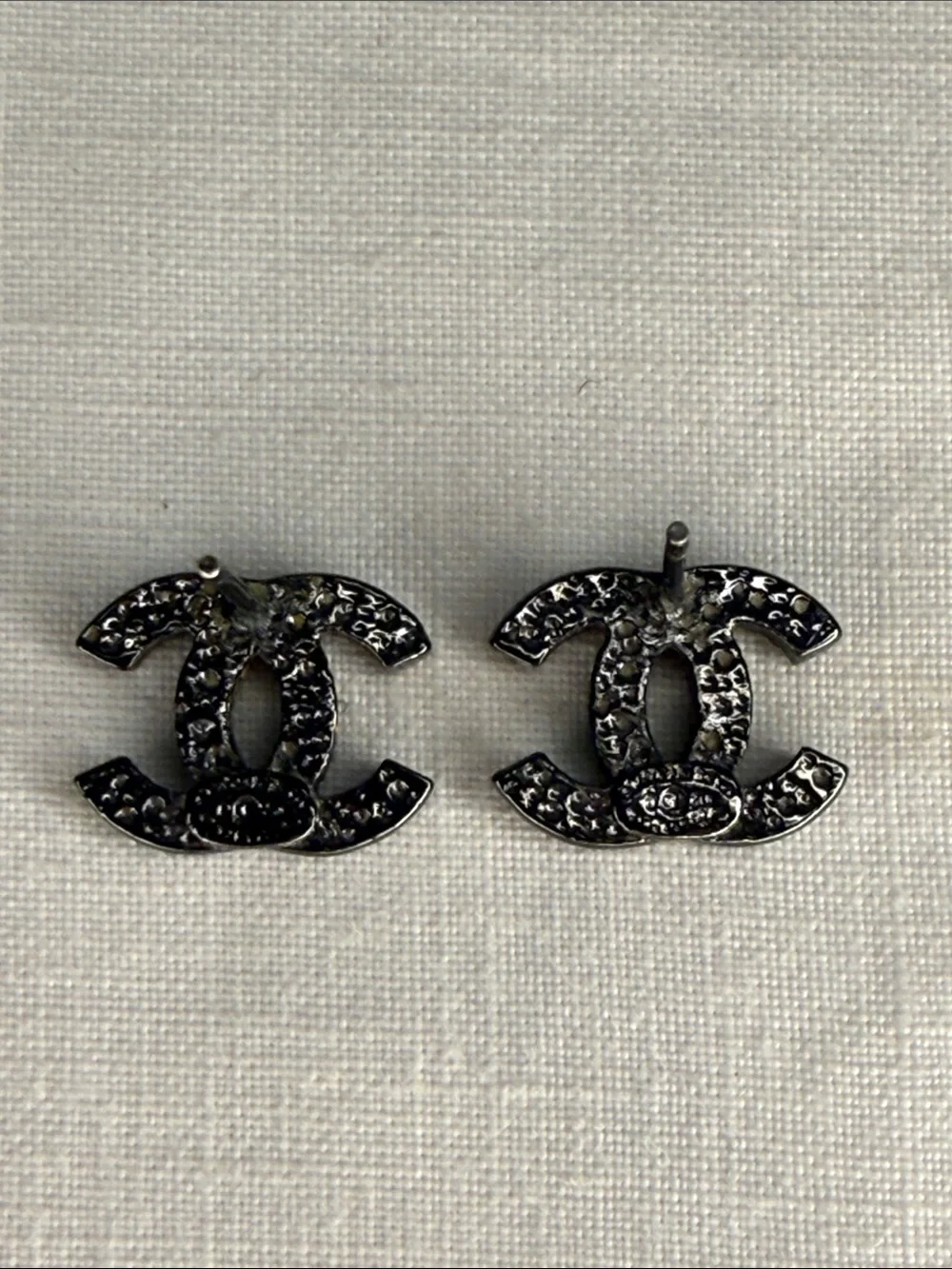 CHANEL CC Logo Stud Earrings Black Ruthenium Textured Costume Jewelry